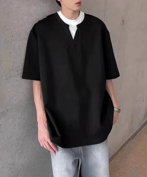 AsaAura(アサオーラ)の「半袖Tシャツ メンズ 重ね着風カットソー(Tシャツ/カットソー・メンズ・グレー/ブラック・FREE)」の2枚目の写真