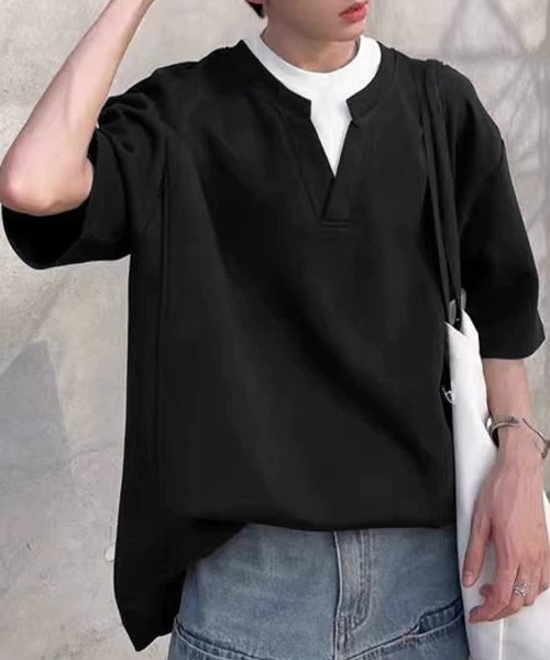 AsaAura(アサオーラ)の「半袖Tシャツ メンズ 重ね着風カットソー(Tシャツ/カットソー・メンズ・グレー/ブラック・FREE)」の3枚目の写真