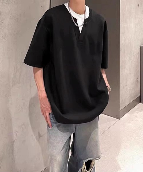 AsaAura(アサオーラ)の「半袖Tシャツ メンズ 重ね着風カットソー(Tシャツ/カットソー・メンズ・グレー/ブラック・FREE)」の5枚目の写真