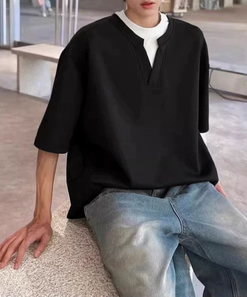 AsaAura(アサオーラ)の「半袖Tシャツ メンズ 重ね着風カットソー(Tシャツ/カットソー・メンズ・グレー/ブラック・FREE)」の6枚目の写真