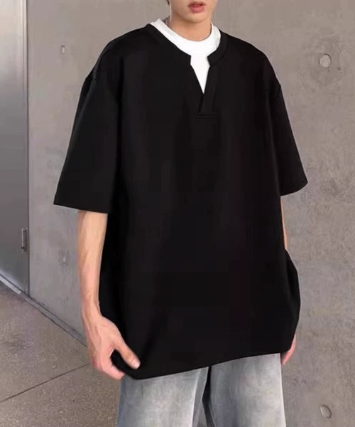 AsaAura(アサオーラ)の「半袖Tシャツ メンズ 重ね着風カットソー(Tシャツ/カットソー・メンズ・グレー/ブラック・FREE)」の11枚目の写真