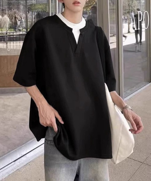 AsaAura(アサオーラ)の「半袖Tシャツ メンズ 重ね着風カットソー(Tシャツ/カットソー・メンズ・グレー/ブラック・FREE)」の12枚目の写真