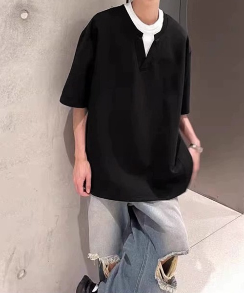 AsaAura(アサオーラ)の「半袖Tシャツ メンズ 重ね着風カットソー(Tシャツ/カットソー・メンズ・グレー/ブラック・FREE)」の13枚目の写真
