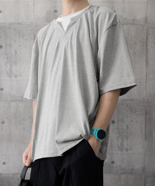 AsaAura(アサオーラ)の「半袖Tシャツ メンズ 重ね着風カットソー(Tシャツ/カットソー・メンズ・グレー/ブラック・FREE)」の19枚目の写真