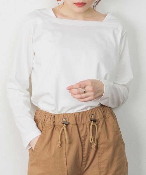 RCD(アールシーディー)の「コットンスクエアネックプルオーバー(Tシャツ/カットソー・レディース・モカ/チャコールグレー/ブラック/グレイッシュベージュ/オフホワイト・M-L/4L~5L/LL~3L)」の1枚目の写真