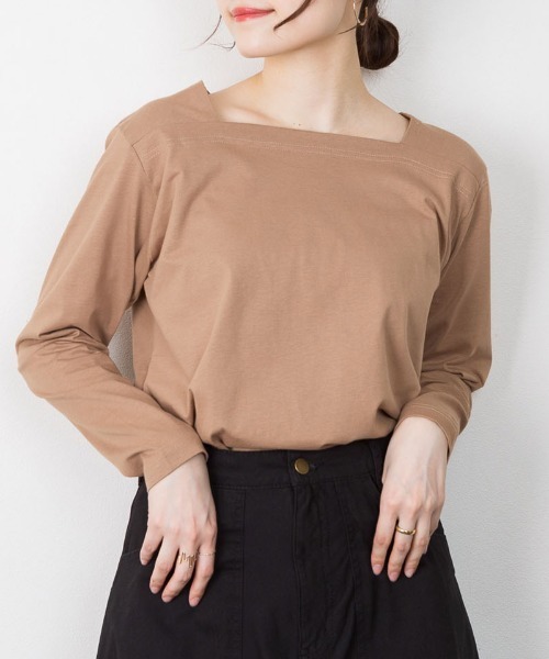 RCD(アールシーディー)の「コットンスクエアネックプルオーバー(Tシャツ/カットソー・レディース・モカ/チャコールグレー/ブラック/グレイッシュベージュ/オフホワイト・M-L/4L~5L/LL~3L)」の4枚目の写真