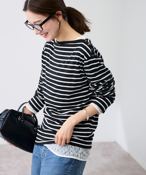 FRAMeWORK（フレームワーク）の「ショルダースナップボーダーTee（Tシャツ/カットソー・レディース・ベージュ/ブラック・FREE）」の3枚目の写真