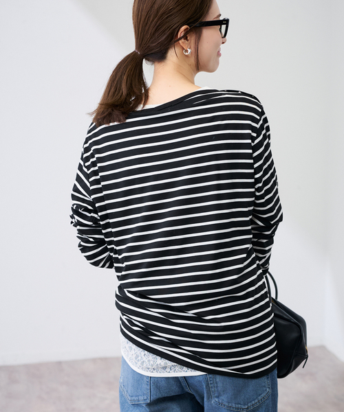 FRAMeWORK（フレームワーク）の「ショルダースナップボーダーTee（Tシャツ/カットソー・レディース・ベージュ/ブラック・FREE）」の6枚目の写真