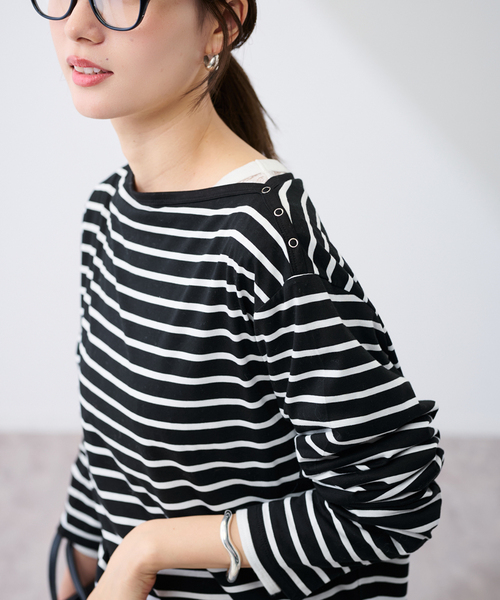 FRAMeWORK（フレームワーク）の「ショルダースナップボーダーTee（Tシャツ/カットソー・レディース・ベージュ/ブラック・FREE）」の7枚目の写真