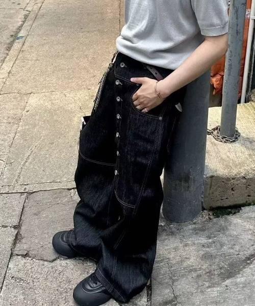 セール】アシンメトリーボタン ワイドレッグデニムパンツ