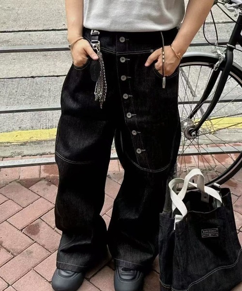 新品未使用タグ付き　45r ギマダンガリー　ワイドデニム　パンツ　シンチバック 新品未使用タグ付き 45r ギマダンガリー ワイドデニム パンツ