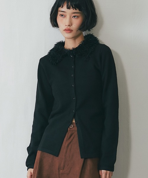 ウールライクファー付き襟ニットカーディガン（カーディガン/ボレロ