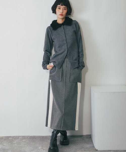 セール】ウールライクファー付き襟ニットカーディガン（カーディガン