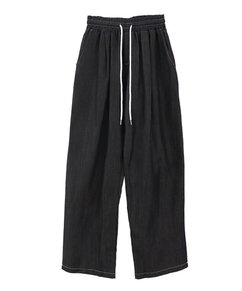 ISOOK(アイスー)の「デザインステッチソフトデニムパンツ(comochi select) / イージーパンツ ビックシルエット カーブ バレル ウエストゴム ウエストギャザー ハイウエスト ドロスト 総ゴム ブルー ブラック 黒(デニムパンツ・レディース・ダークブルー/ブラック・FREE)」の12枚目の写真