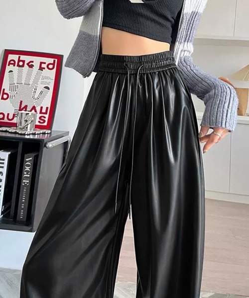 セール】フェイクレザーワイドパンツ ハイウエスト（スラックス