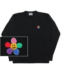 [UNISEX]レインボーフラワースマイル刺繍ラウンドニット_ブラック