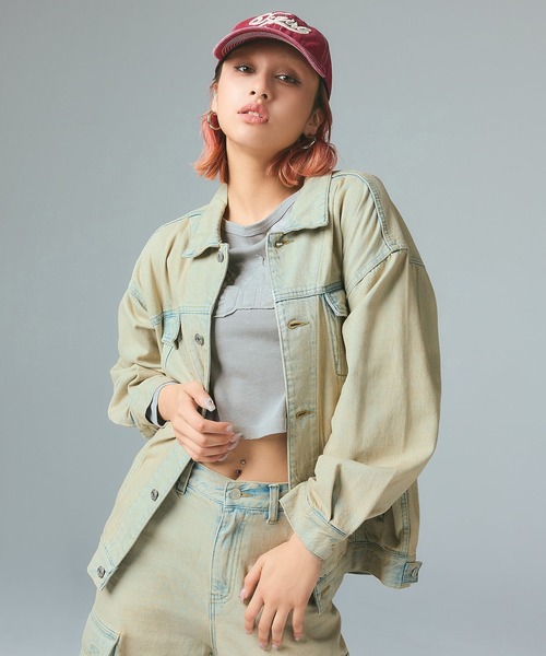 X-girl（エックスガール）の「CURSIVE LOGO DENIM JACKET（デニムジャケット・レディース・ピンク/ライトインディゴブルー・S/M）」の6枚目の写真