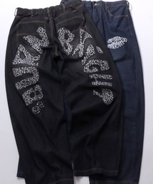 Plaid Pattern Motif Logo Barrel Leg Denim Pants/チェック柄 モチーフ ロゴ バレルレッグデニムパンツ ワイドデニムパンツ