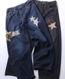 Plaid Pattern Motif Logo Barrel Leg Denim Pants/チェック柄 モチーフ ロゴ バレルレッグデニムパンツ ワイドデニムパンツ