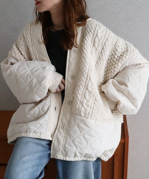 ケーブルニット×キルティングボリュームブルゾン（ブルゾン）｜zena