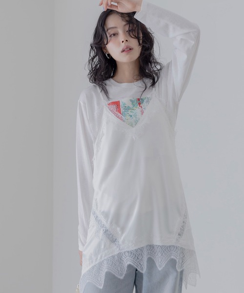Eimee Law(エイミーロウ)の「イレギュラーヘムレースラインキャミ(キャミソール・レディース・ブラック×ホワイト/アイボリー/ベージュ×ブラック/ブラック・FREE)」の2枚目の写真