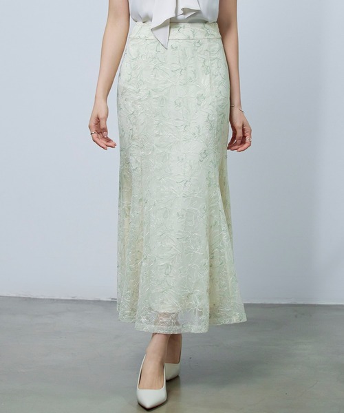 SAISON DE PAPILLON(セゾンドパピヨン)の「【2026SS新作】レディース フレア スカート刺繍レース 高級感 きれいめ オフィスカジュアル(スカート・レディース・グリーン/パープル・S/M/L)」の2枚目の写真
