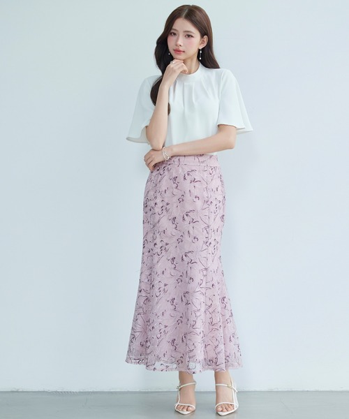 SAISON DE PAPILLON（セゾンドパピヨン）の「【2026SS新作】レディース フレア スカート刺繍レース 高級感 きれいめ オフィスカジュアル（スカート・レディース・グリーン/パープル・S/M/L）」の3枚目の写真