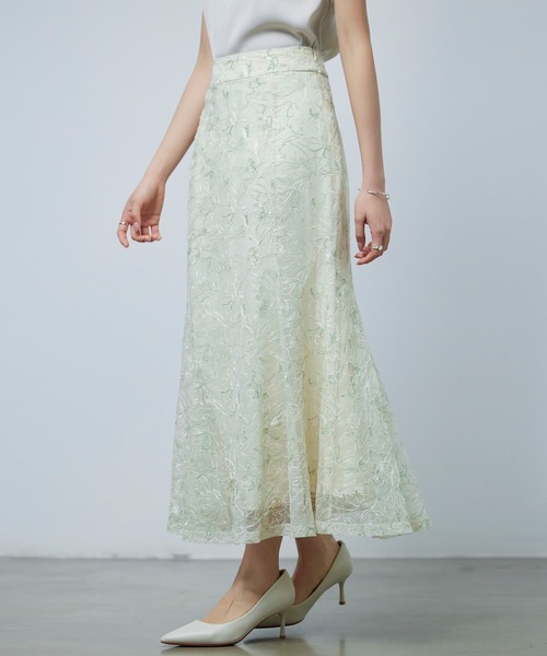 SAISON DE PAPILLON（セゾンドパピヨン）の「【2026SS新作】レディース フレア スカート刺繍レース 高級感 きれいめ オフィスカジュアル（スカート・レディース・グリーン/パープル・S/M/L）」の11枚目の写真