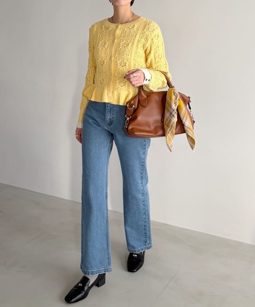 mysty woman(ミスティウーマン)の「スカシ編み柄カーディガン 643859(カーディガン/ボレロ・レディース・イエロー/アイボリー/ブラック・FREE)」の15枚目の写真