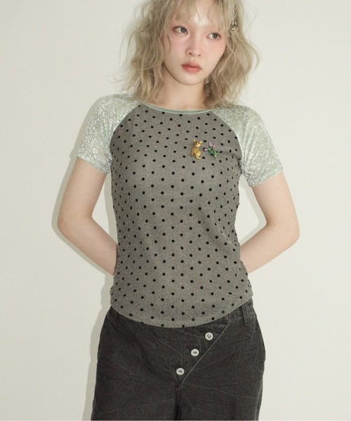 musubore（ムスボレ）の「dot & flower raglan tee / ドット＆フラワーラグランT（Tシャツ/カットソー・レディース・ブラック/オレンジ/グリーン・FREE）」の14枚目の写真