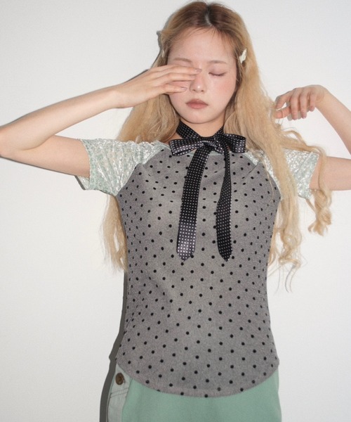 musubore（ムスボレ）の「dot & flower raglan tee / ドット＆フラワーラグランT（Tシャツ/カットソー・レディース・ブラック/オレンジ/グリーン・FREE）」の10枚目の写真