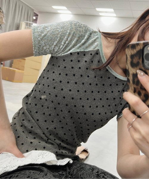 musubore（ムスボレ）の「dot & flower raglan tee / ドット＆フラワーラグランT（Tシャツ/カットソー・レディース・ブラック/オレンジ/グリーン・FREE）」の8枚目の写真