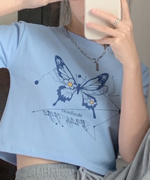 SHEPP(シープ)の「【26年春夏新作】バタフライプリントクロップド半袖T(Tシャツ/カットソー・レディース・ブラック/ホワイト/ブルー・L/M)」の11枚目の写真