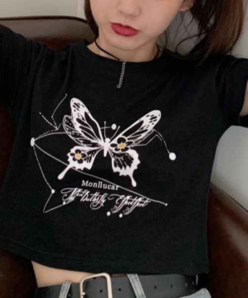 SHEPP(シープ)の「【26年春夏新作】バタフライプリントクロップド半袖T(Tシャツ/カットソー・レディース・ブラック/ホワイト/ブルー・L/M)」の8枚目の写真