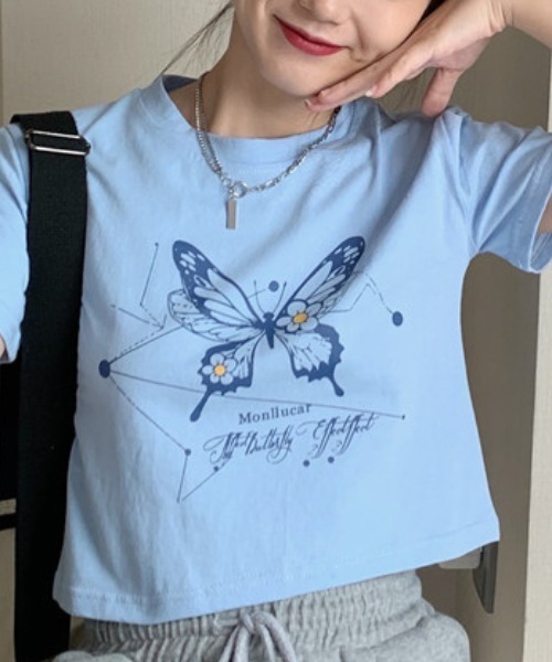 SHEPP(シープ)の「【26年春夏新作】バタフライプリントクロップド半袖T(Tシャツ/カットソー・レディース・ブラック/ホワイト/ブルー・L/M)」の12枚目の写真