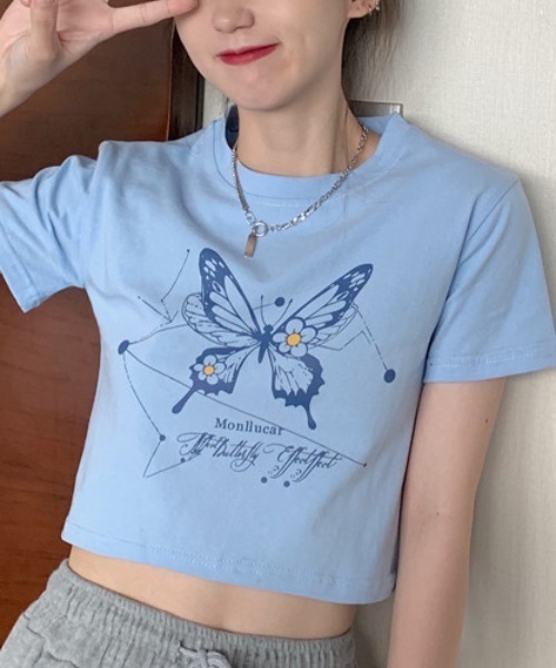 SHEPP(シープ)の「【26年春夏新作】バタフライプリントクロップド半袖T(Tシャツ/カットソー・レディース・ブラック/ホワイト/ブルー・L/M)」の13枚目の写真