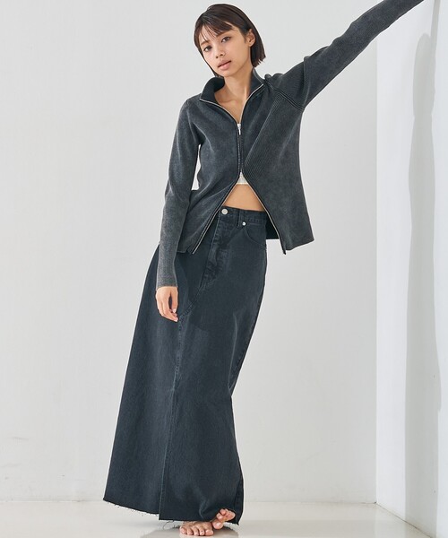 abahouse mavie（アバハウスマヴィ）の「【前後スリット】Aラインデニムロングスカート/ハイウエスト/スタイルアップ/春服/夏服（デニムスカート・レディース・ブラック/サックスブルー・36/38）」の4枚目の写真