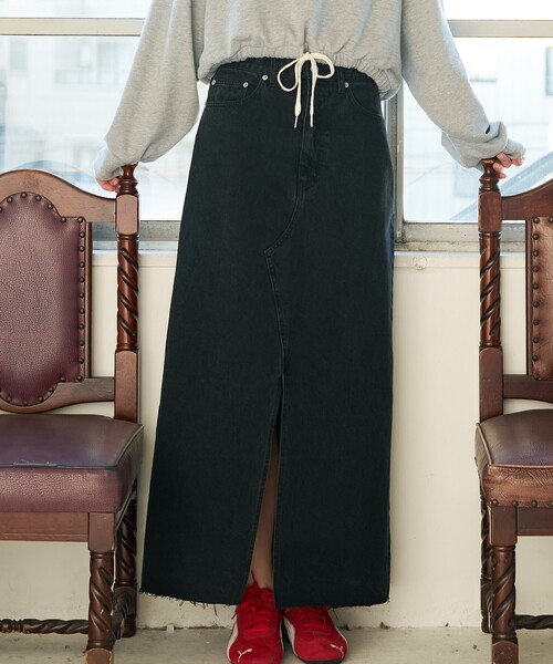 abahouse mavie（アバハウスマヴィ）の「【前後スリット】Aラインデニムロングスカート/ハイウエスト/スタイルアップ/春服/夏服（デニムスカート・レディース・ブラック/サックスブルー・36/38）」の19枚目の写真