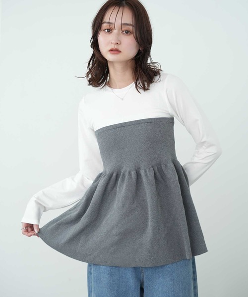 Bulue.（ブルー）の「【Bulue.】異素材コンビ ビスチェ風トップス 長袖（Tシャツ/カットソー・レディース・ブラック×グレー/ホワイト×ブラック/ホワイト×グレー/ブラック×ブラック・FREE）」の3枚目の写真