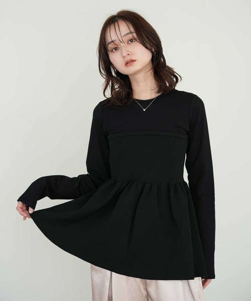 Bulue.（ブルー）の「【Bulue.】異素材コンビ ビスチェ風トップス 長袖（Tシャツ/カットソー・レディース・ブラック×グレー/ホワイト×ブラック/ホワイト×グレー/ブラック×ブラック・FREE）」の2枚目の写真