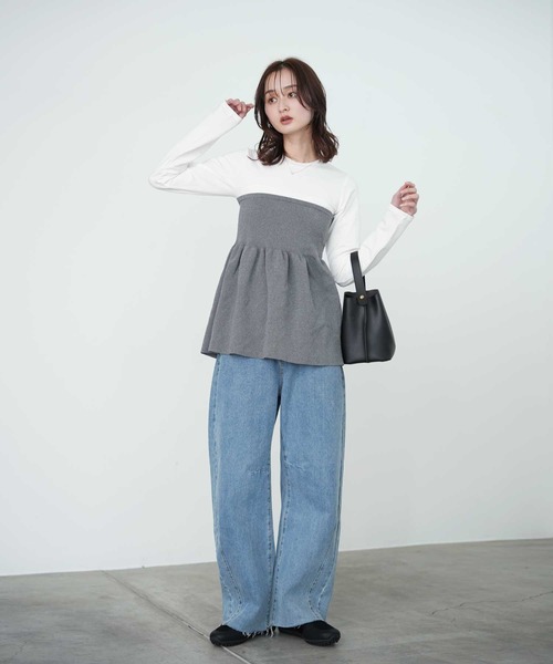 Bulue.（ブルー）の「【Bulue.】異素材コンビ ビスチェ風トップス 長袖（Tシャツ/カットソー・レディース・ブラック×グレー/ホワイト×ブラック/ホワイト×グレー/ブラック×ブラック・FREE）」の5枚目の写真