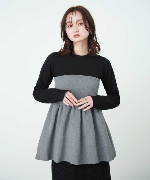 Bulue.（ブルー）の「【Bulue.】異素材コンビ ビスチェ風トップス 長袖（Tシャツ/カットソー・レディース・ブラック×グレー/ホワイト×ブラック/ホワイト×グレー/ブラック×ブラック・FREE）」の13枚目の写真