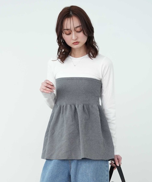 Bulue.（ブルー）の「【Bulue.】異素材コンビ ビスチェ風トップス 長袖（Tシャツ/カットソー・レディース・ブラック×グレー/ホワイト×ブラック/ホワイト×グレー/ブラック×ブラック・FREE）」の6枚目の写真