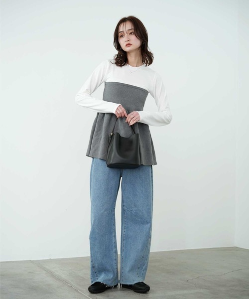 Bulue.（ブルー）の「【Bulue.】異素材コンビ ビスチェ風トップス 長袖（Tシャツ/カットソー・レディース・ブラック×グレー/ホワイト×ブラック/ホワイト×グレー/ブラック×ブラック・FREE）」の8枚目の写真