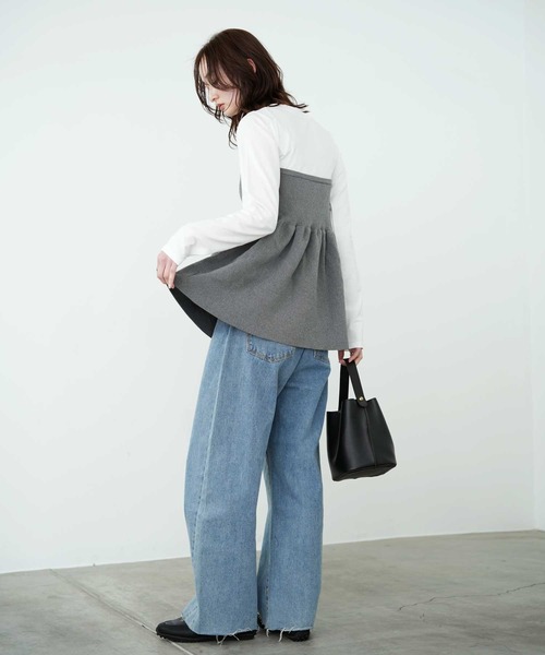 Bulue.（ブルー）の「【Bulue.】異素材コンビ ビスチェ風トップス 長袖（Tシャツ/カットソー・レディース・ブラック×グレー/ホワイト×ブラック/ホワイト×グレー/ブラック×ブラック・FREE）」の9枚目の写真