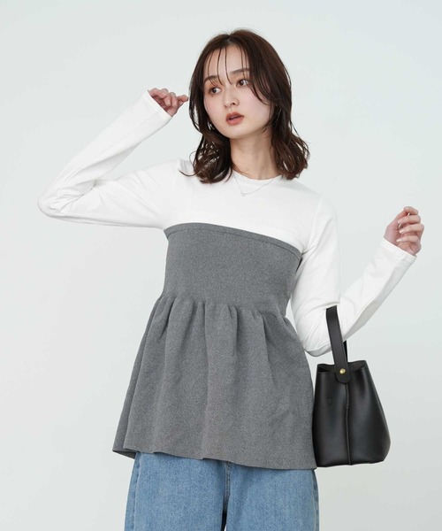 Bulue.（ブルー）の「【Bulue.】異素材コンビ ビスチェ風トップス 長袖（Tシャツ/カットソー・レディース・ブラック×グレー/ホワイト×ブラック/ホワイト×グレー/ブラック×ブラック・FREE）」の10枚目の写真