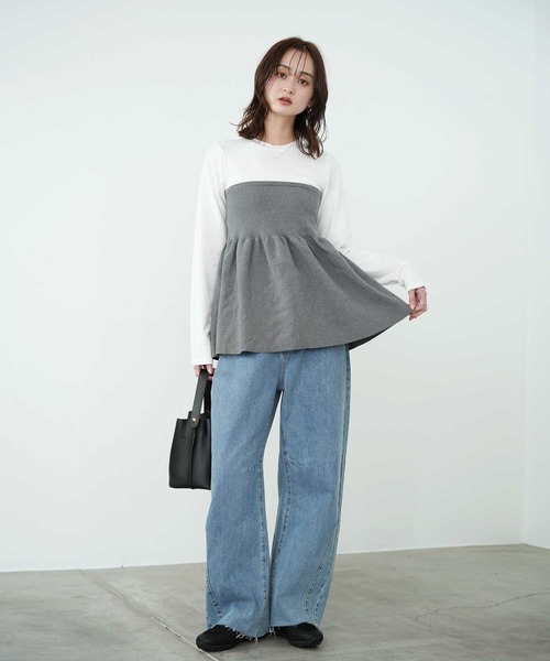 Bulue.（ブルー）の「【Bulue.】異素材コンビ ビスチェ風トップス 長袖（Tシャツ/カットソー・レディース・ブラック×グレー/ホワイト×ブラック/ホワイト×グレー/ブラック×ブラック・FREE）」の12枚目の写真