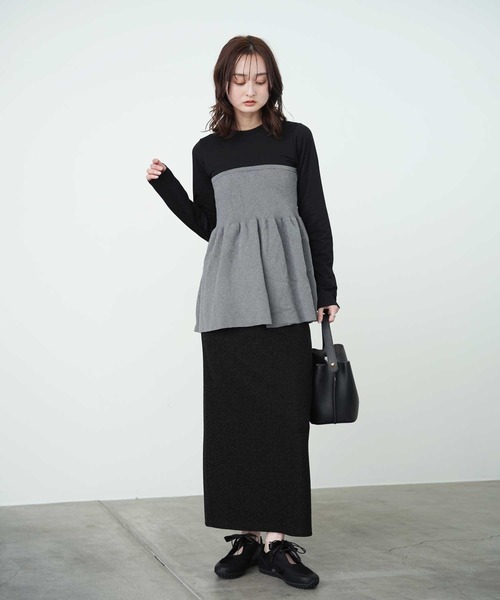 Bulue.（ブルー）の「【Bulue.】異素材コンビ ビスチェ風トップス 長袖（Tシャツ/カットソー・レディース・ブラック×グレー/ホワイト×ブラック/ホワイト×グレー/ブラック×ブラック・FREE）」の14枚目の写真