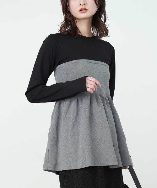 Bulue.（ブルー）の「【Bulue.】異素材コンビ ビスチェ風トップス 長袖（Tシャツ/カットソー・レディース・ブラック×グレー/ホワイト×ブラック/ホワイト×グレー/ブラック×ブラック・FREE）」の16枚目の写真
