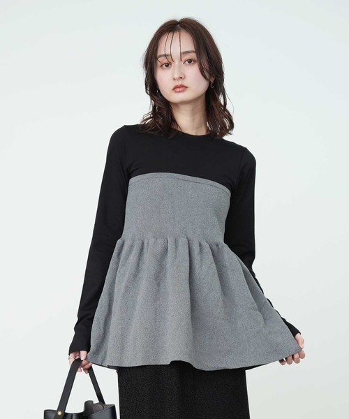 Bulue.（ブルー）の「【Bulue.】異素材コンビ ビスチェ風トップス 長袖（Tシャツ/カットソー・レディース・ブラック×グレー/ホワイト×ブラック/ホワイト×グレー/ブラック×ブラック・FREE）」の19枚目の写真